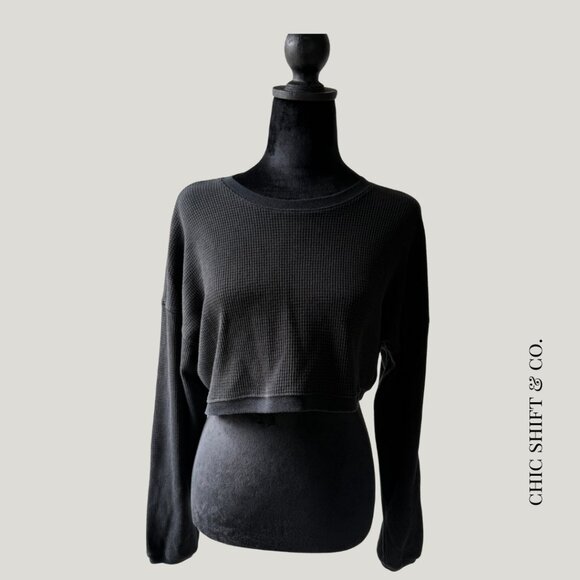 Aritzia | Tna | Waffle Crew Boxy Long-Sleeve Tee | Black | Size M - Picture 1 of 7